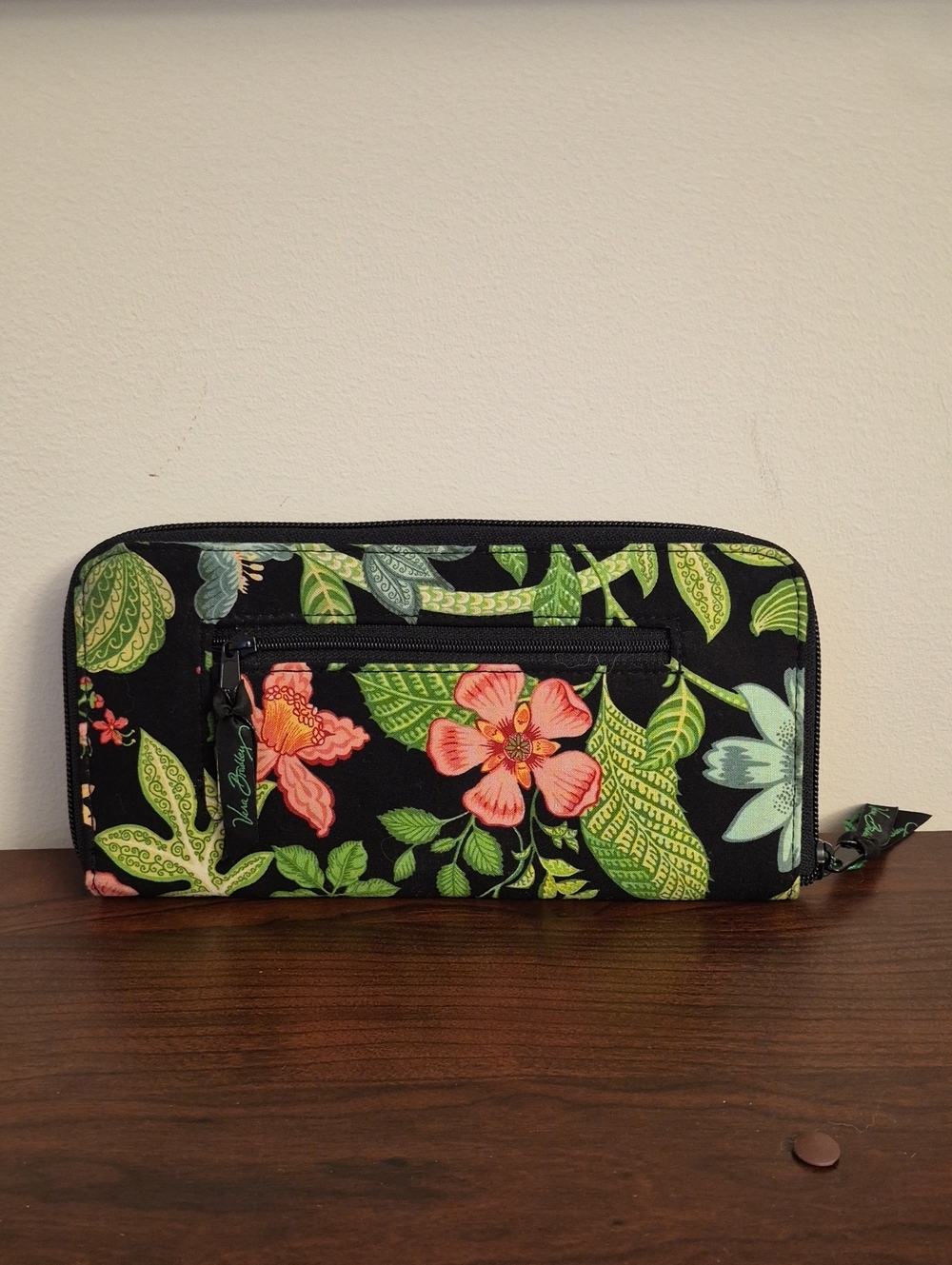 Vera Bradley Black Wallet with Green Leaves & Pink Floral